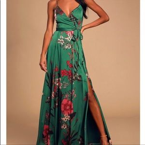 Lulus Still the One Emerald Green Floral Print Satin Maxi Dress